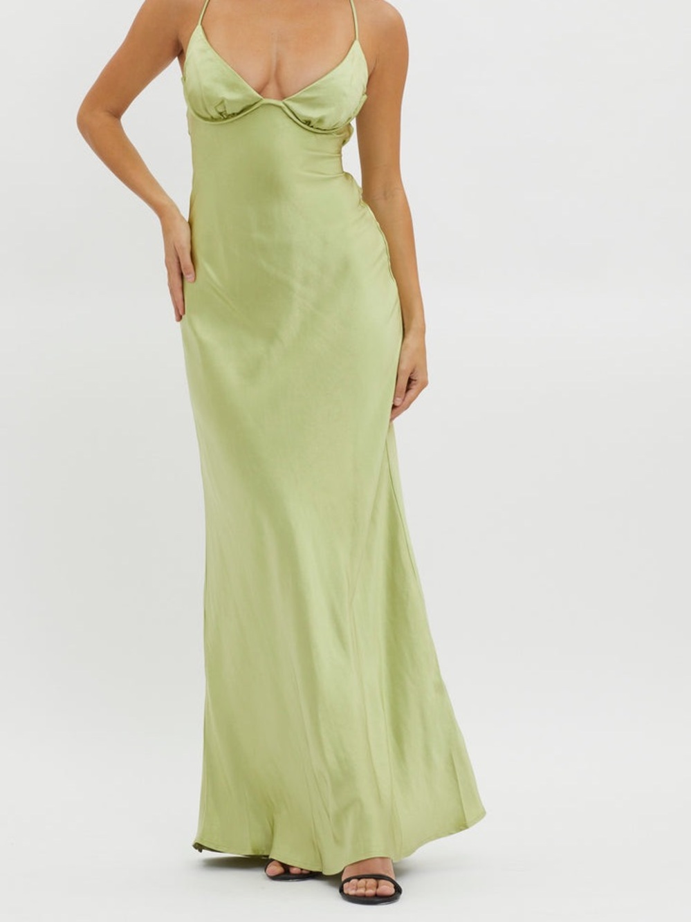 Light Green Satin Maxi Slip Dress with Delicate Spaghetti Straps